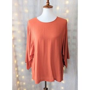 Eileen Fisher XL Silk Cape-Sleeve Blouse Top Orange Pekoe Crepe 100% Silk Career